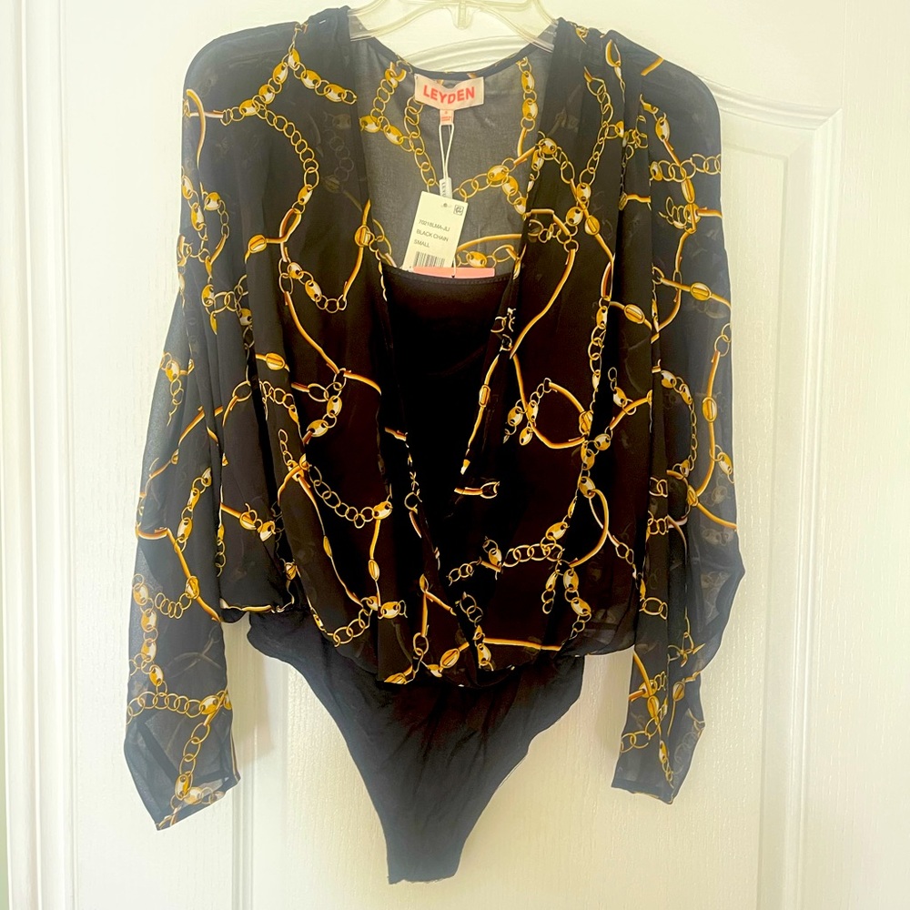 Leyden black/gold chain design bodysuit top (NWT) Size S